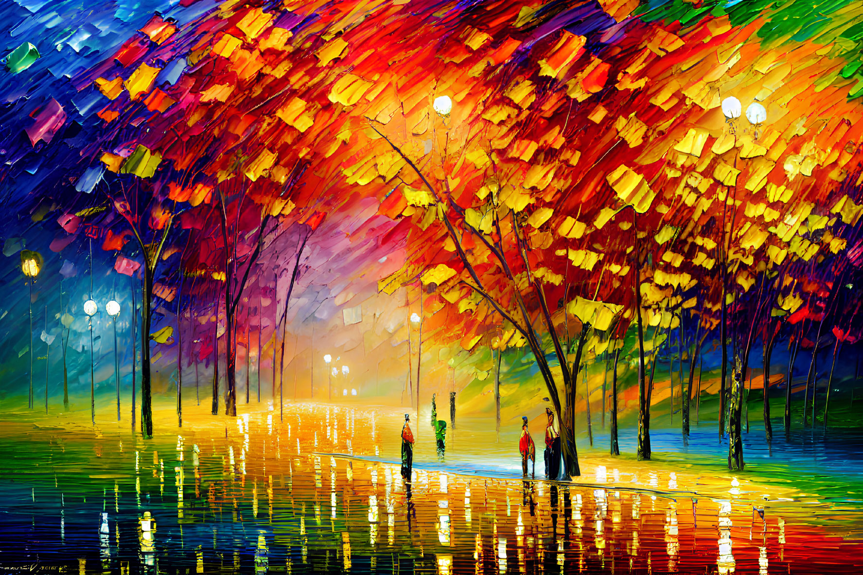 Colorful Rainy Tree-Lined Path Painting with People Strolling