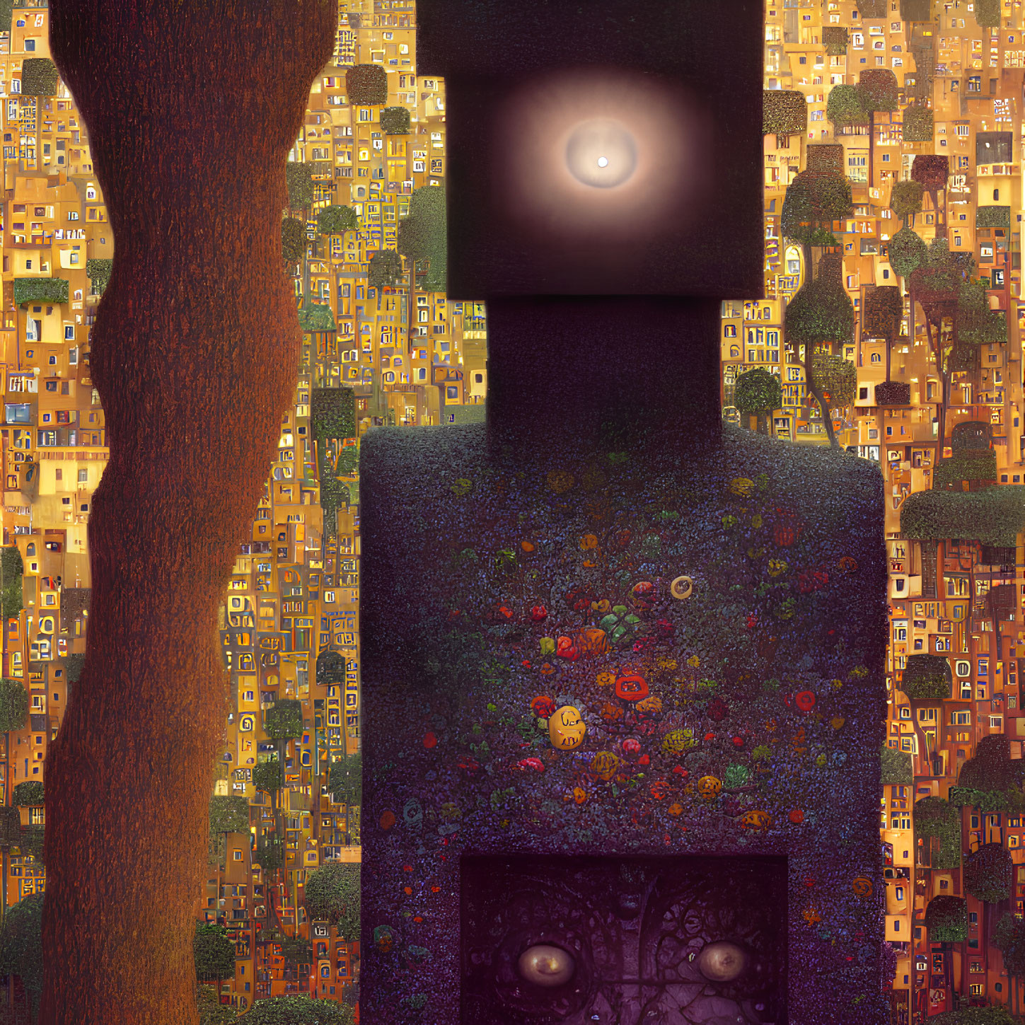 Surreal tall figure with galaxy torso in whimsical village scene