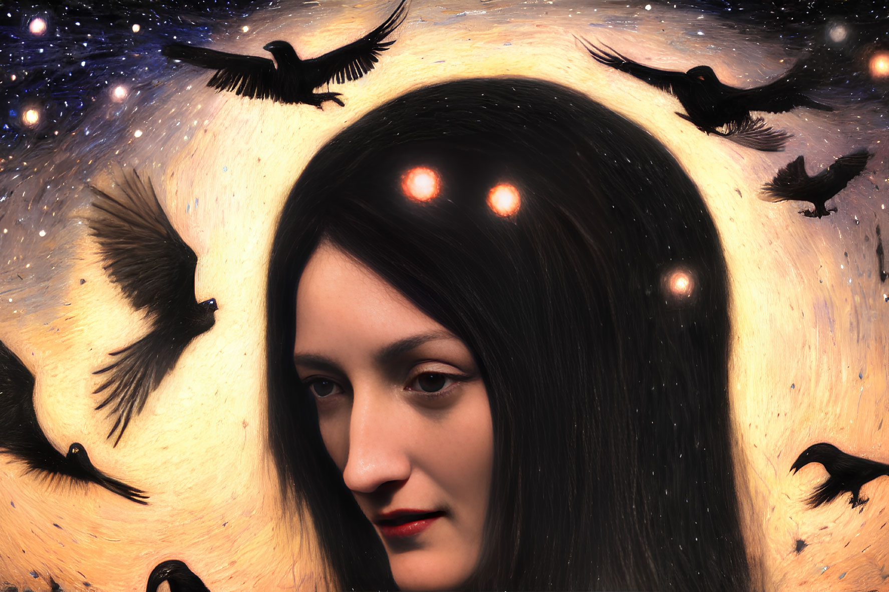 Dark-haired woman surrounded by flying black birds in surreal cosmic scene