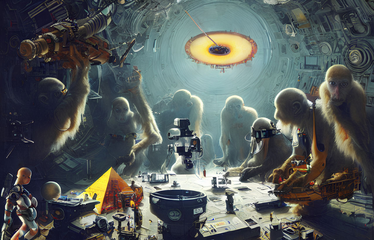 Futuristic spacecraft control room with monkeys and advanced technology