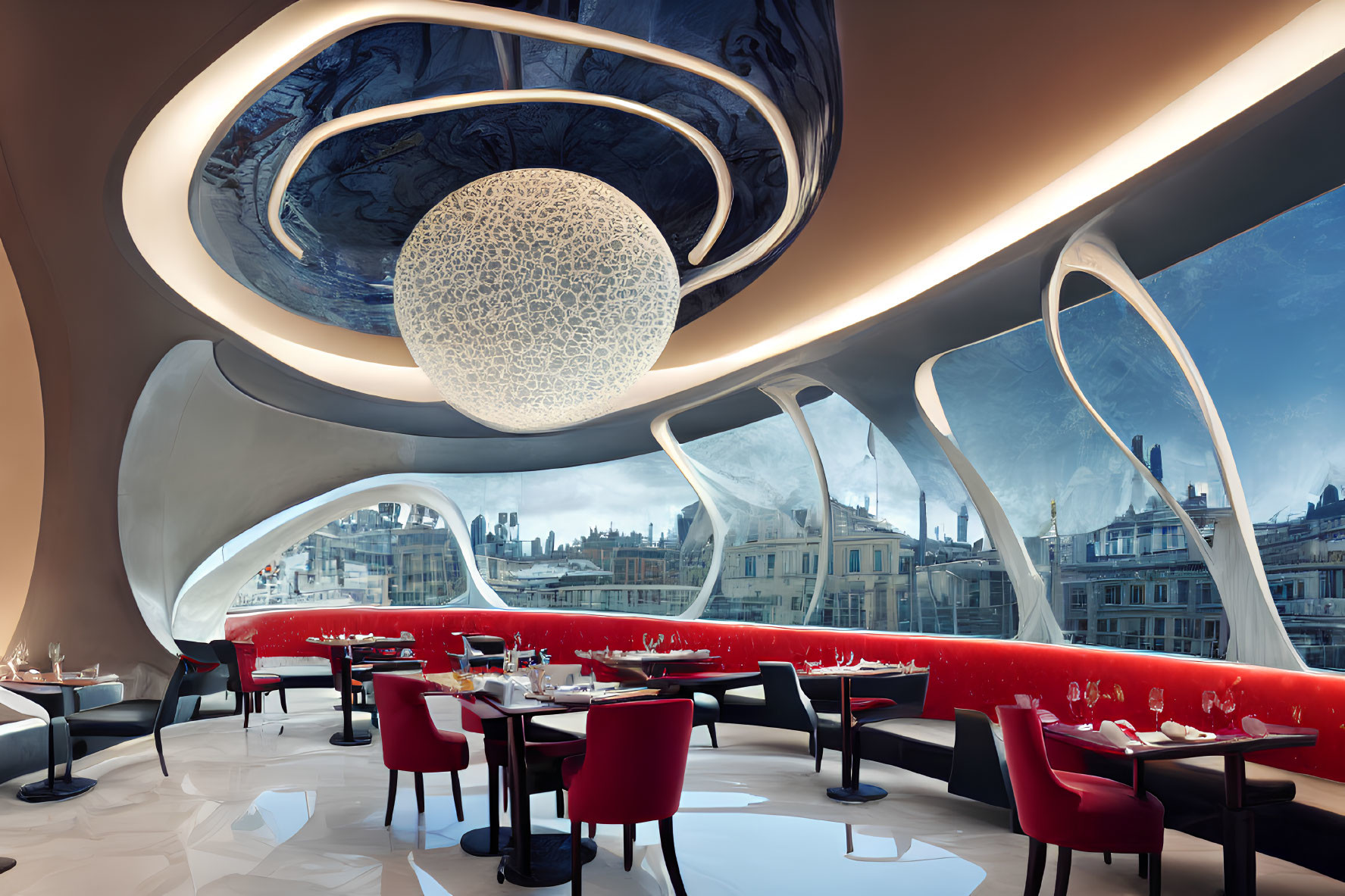 Modern restaurant interior with oval shapes, red and white colors, unique lighting, and city views