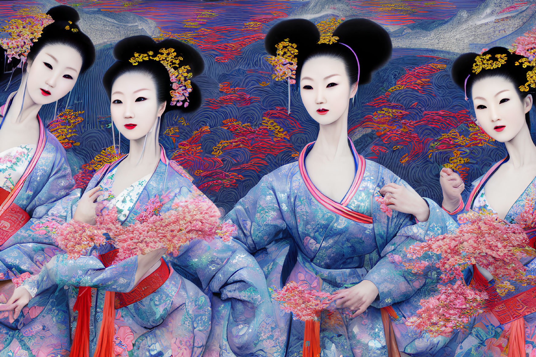 Four women in traditional Japanese kimonos with pink flowers, vibrant floral backdrop