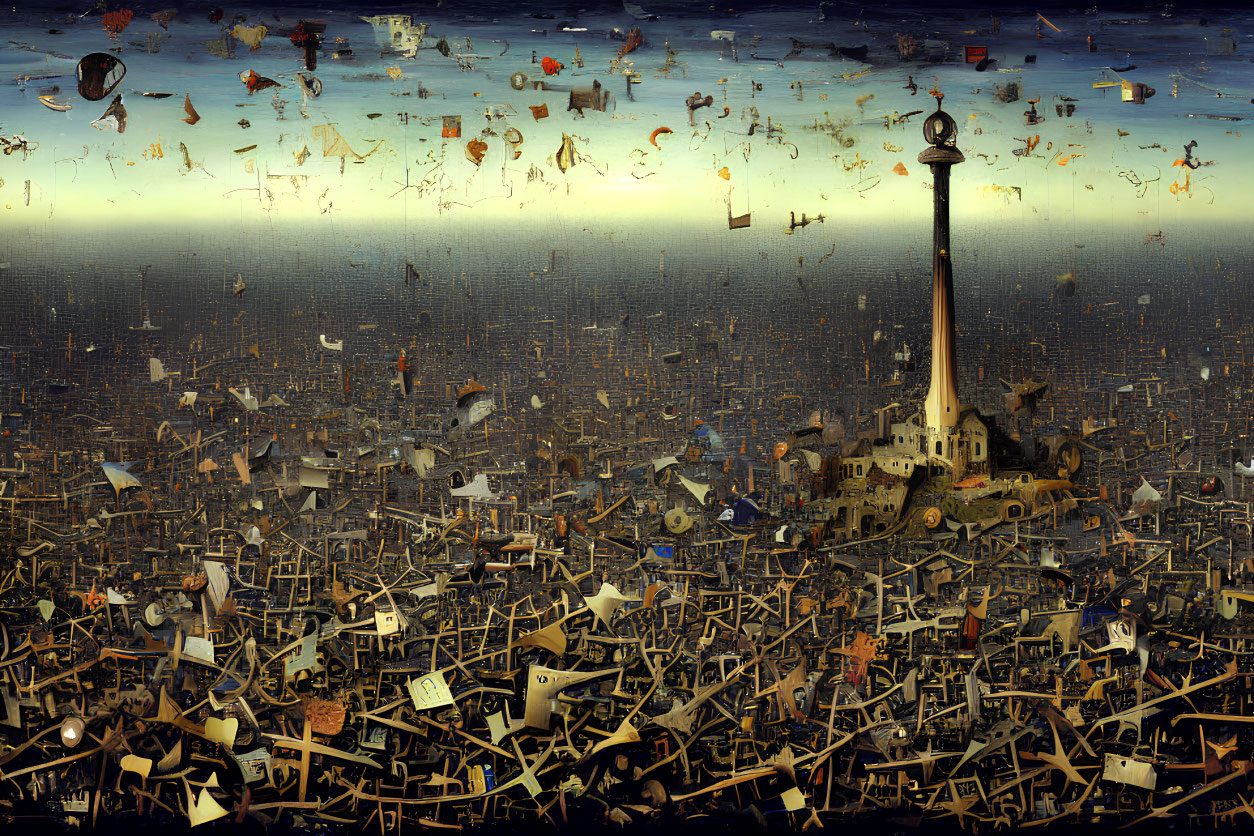 Surreal art: Lighthouse in chaotic sea of chairs and debris
