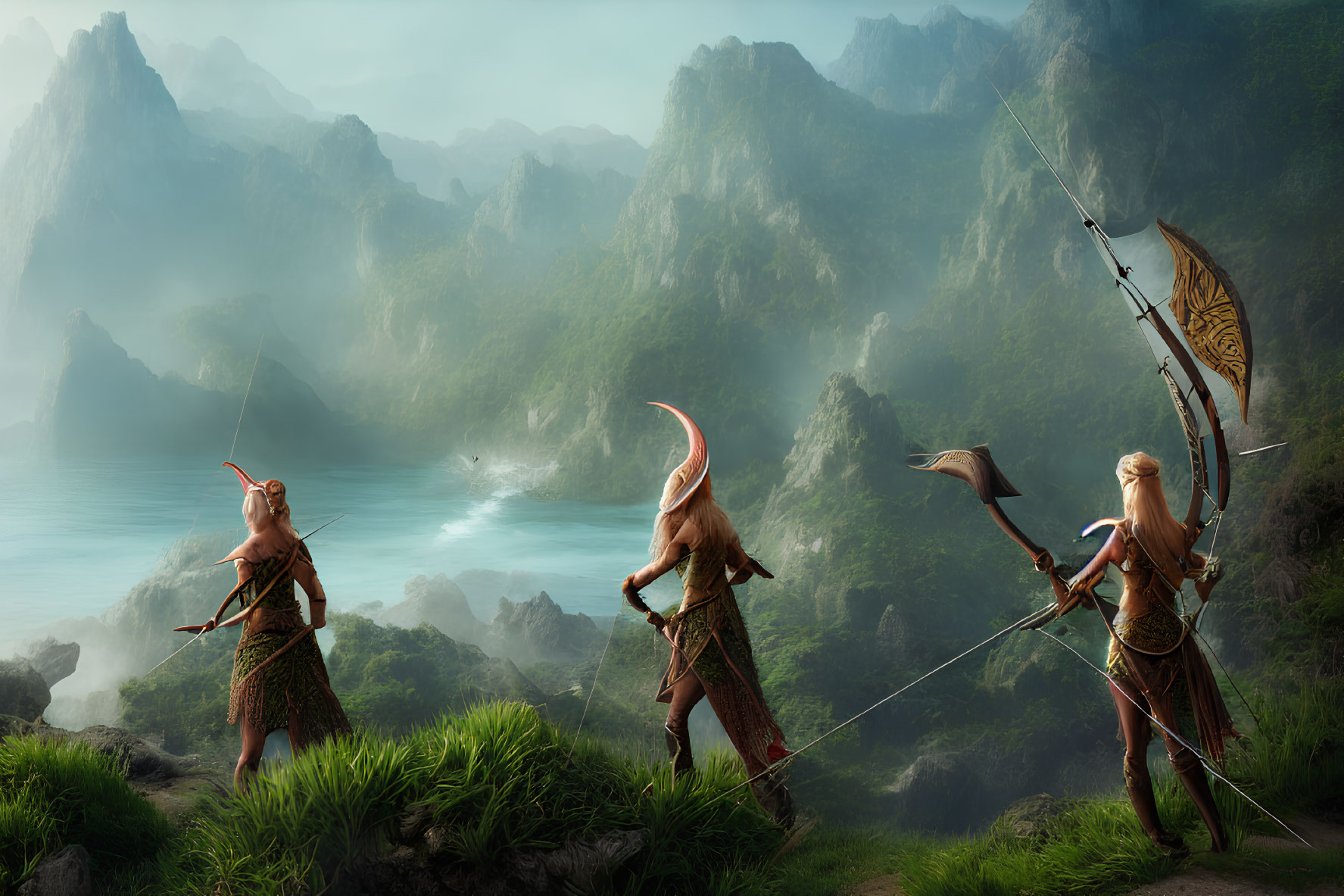 Fantasy scene: Three armed elves in misty mountain landscape by calm sea