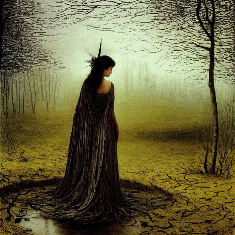 Person in flowing gown in misty, barren forest with leafless trees