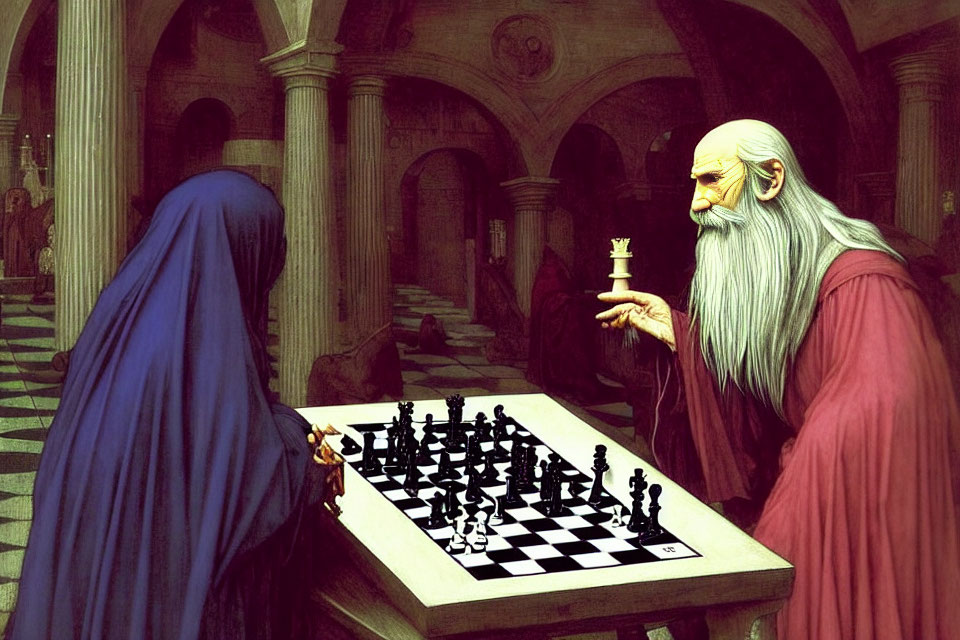 Two cloaked figures playing chess in a grand hall with checkered floor.