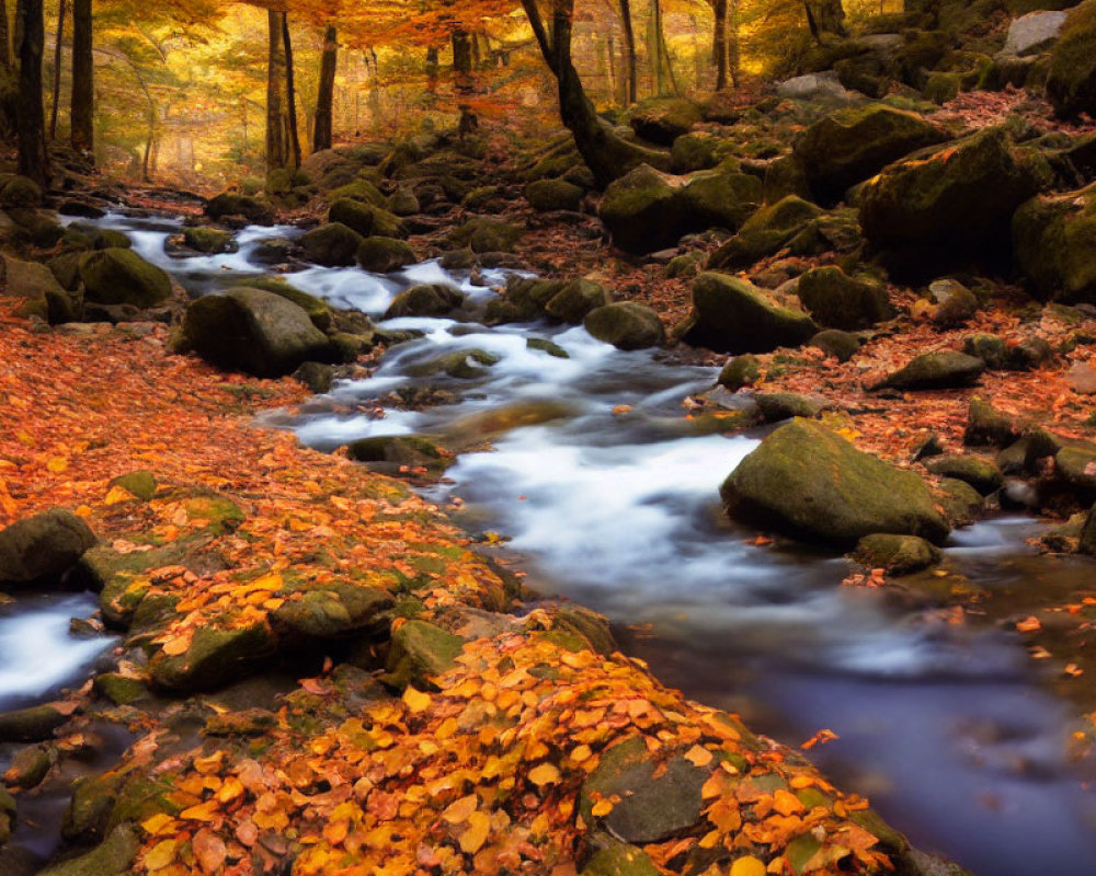 Tranquil Autumn Stream in Forest with Moss-Covered Rocks