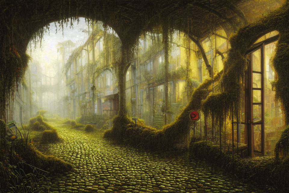 Cobblestone street with ivy, archway, and mist-covered buildings