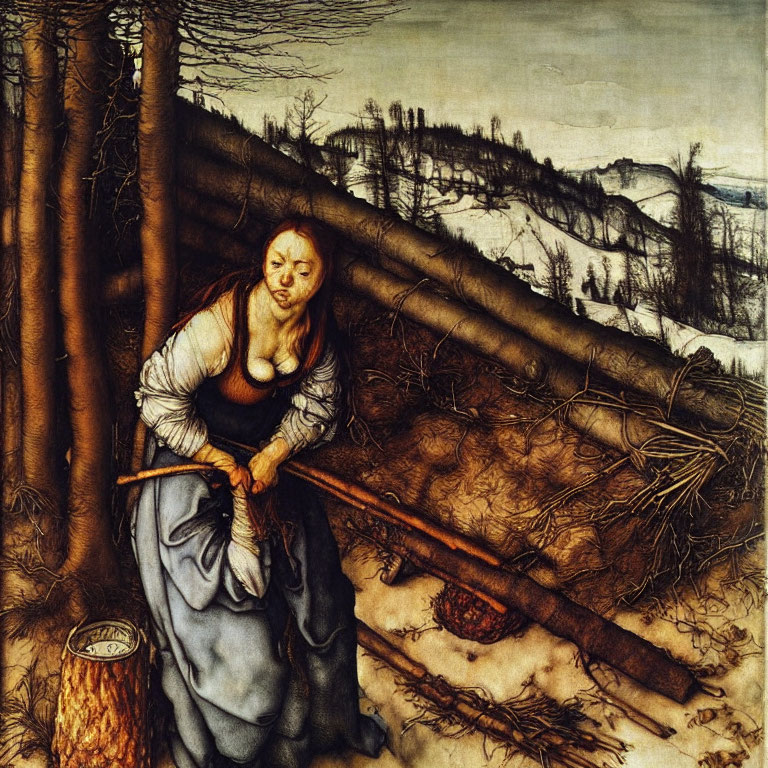 Barren Winter Landscape Depicting Weary Woman Gathering Wood
