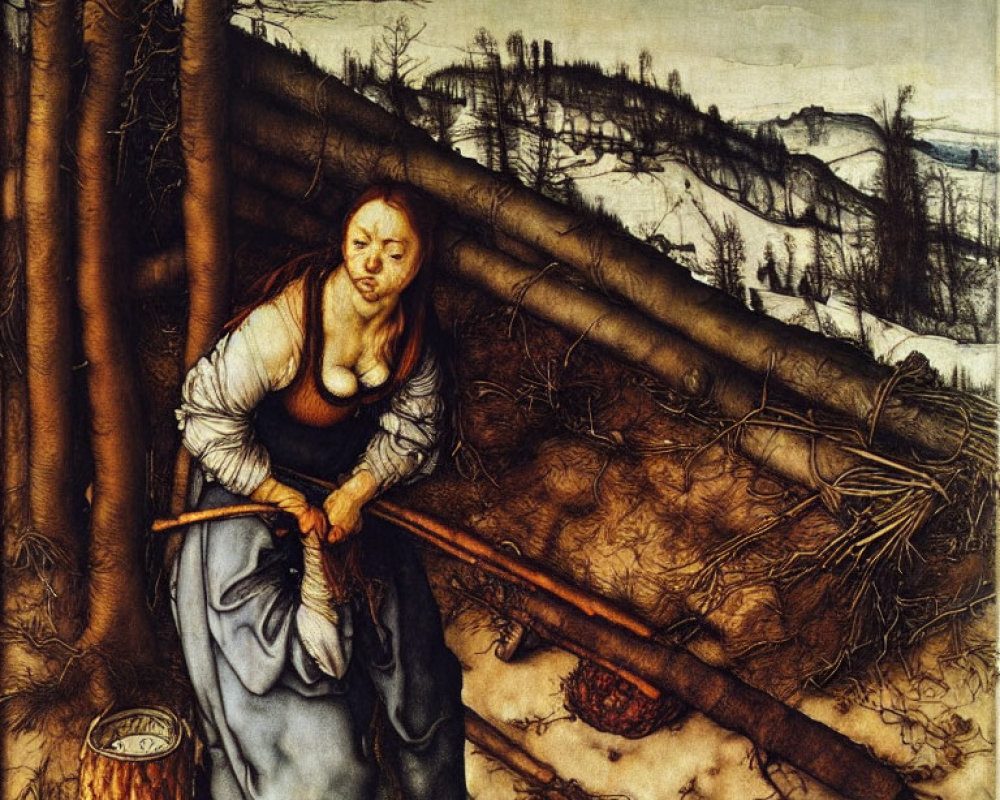 Barren Winter Landscape Depicting Weary Woman Gathering Wood