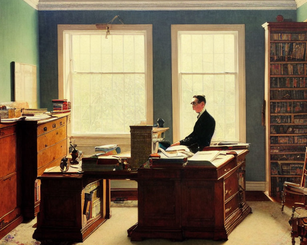 Vintage office scene with person at wooden desk and books.