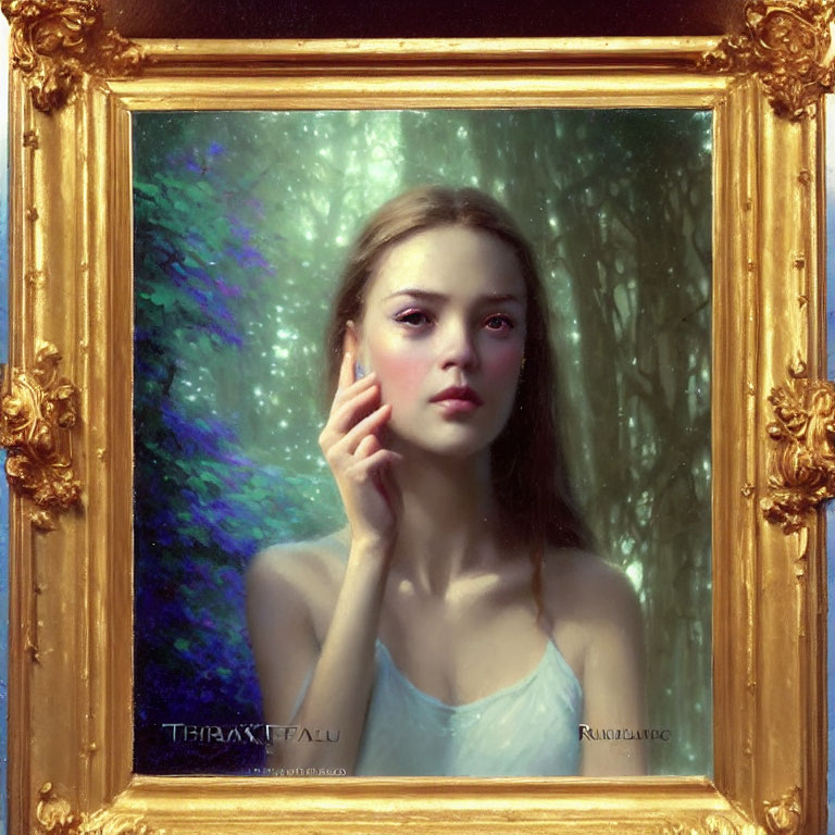 Young woman in white dress, gold frame, mystical forest background, soft blue light