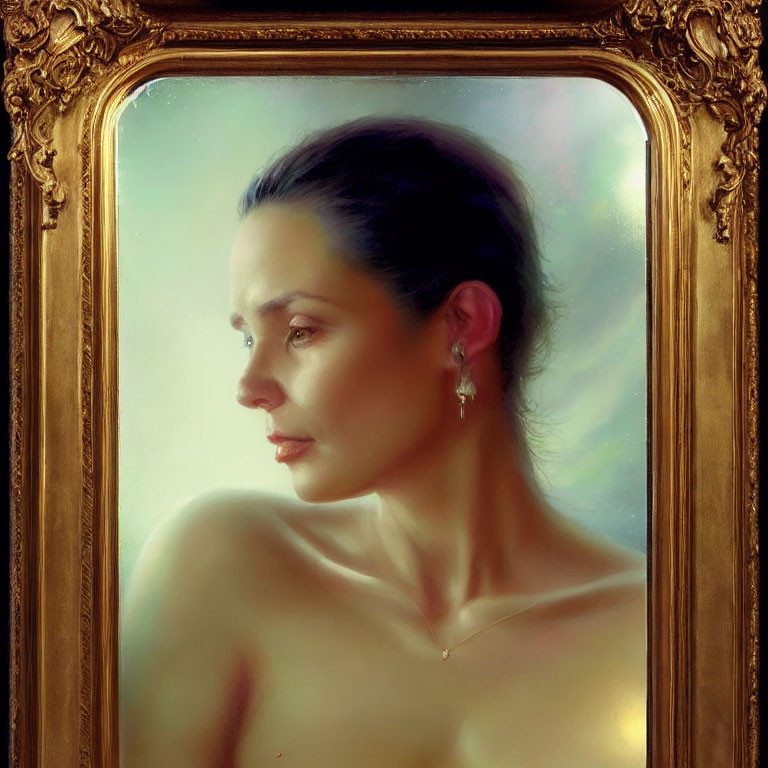 Serene woman portrait in ornate golden frame with soft lighting