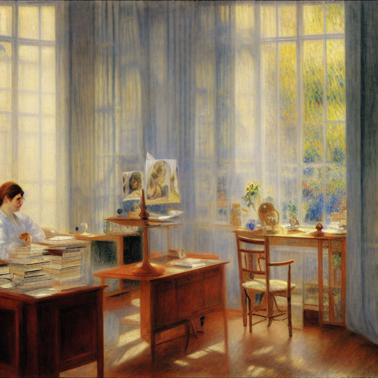 Tranquil painting of woman reading by sunny window