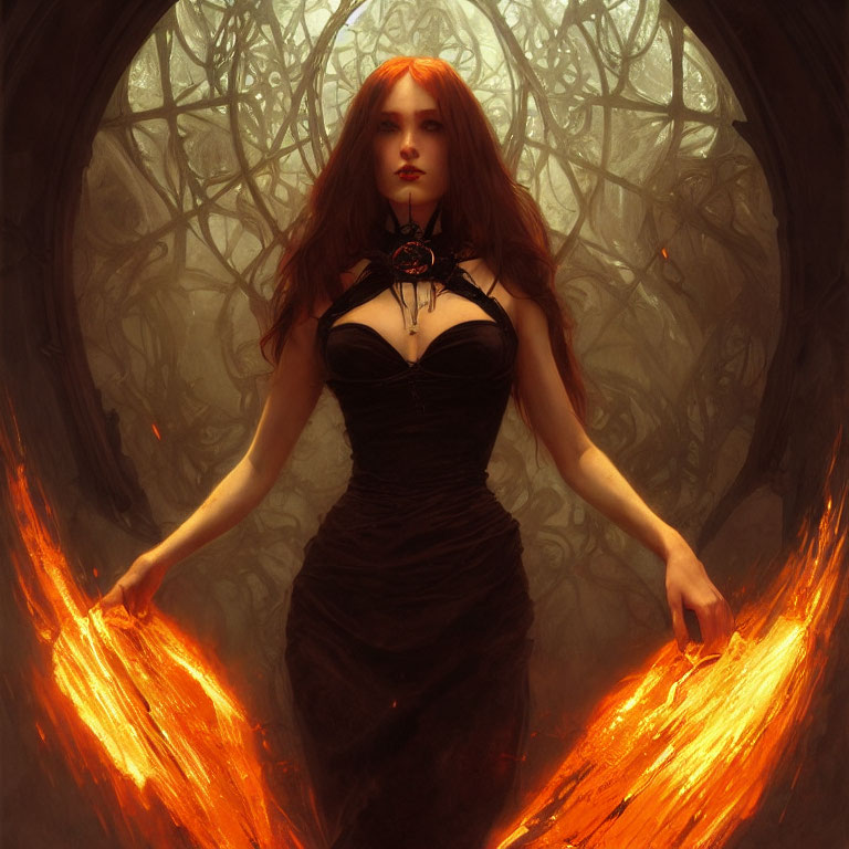 Red-haired woman in black dress holds flames in mystical forest with twisted branch archway