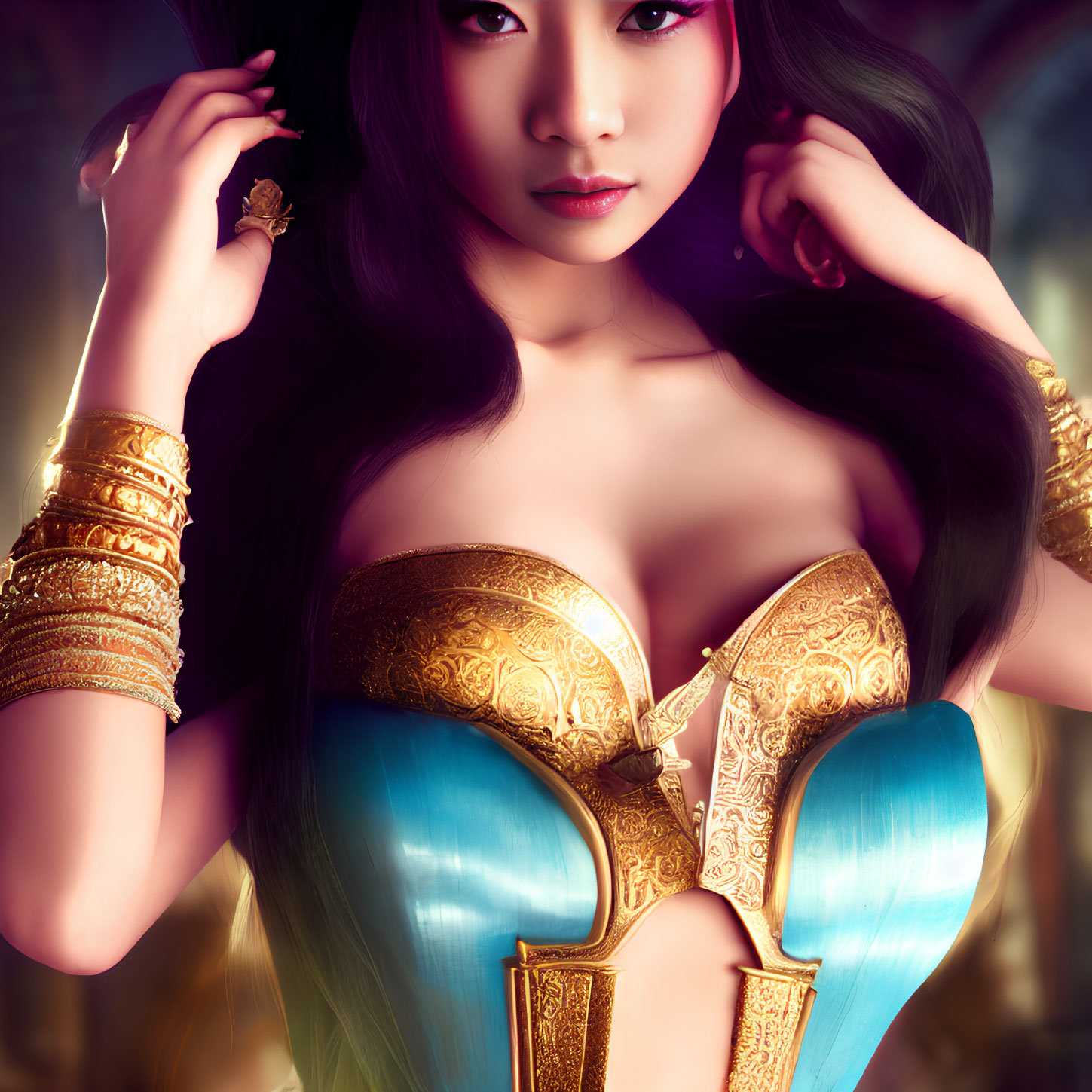 Digital Artwork: Woman with Long Black Hair and Gold Jewelry