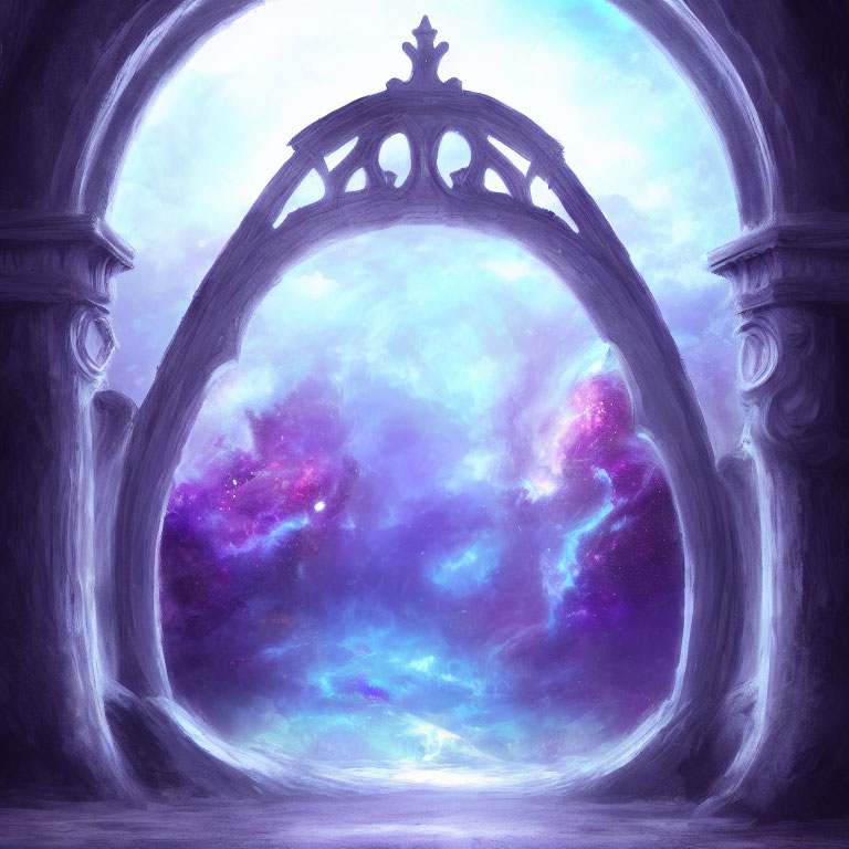 Stone archway frames vibrant swirling galaxy in purple, blue, and pink sky