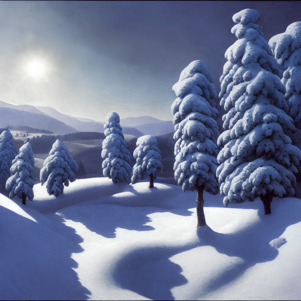 Winter Scene: Snow-covered Evergreen Trees and Sunlit Snowy Landscape