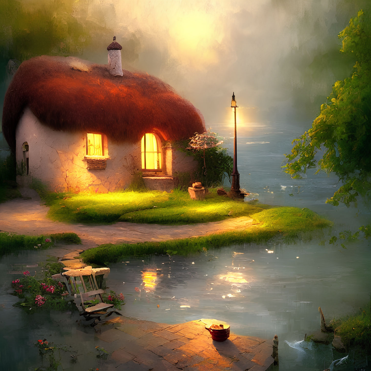 Quaint Thatched-Roof Cottage by Serene River at Dusk