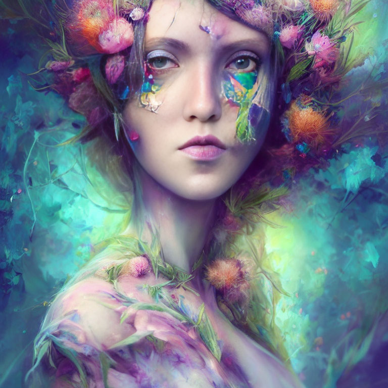 Surreal portrait of woman with vibrant floral elements in cool and warm colors