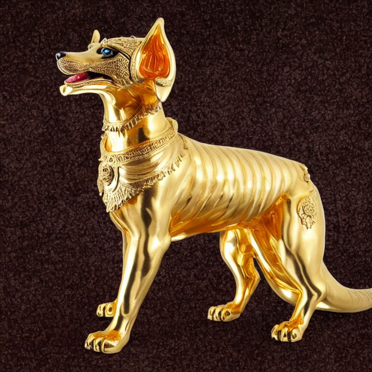 Golden Seated Dog Statue with Detailed Embellishments on Dark Background
