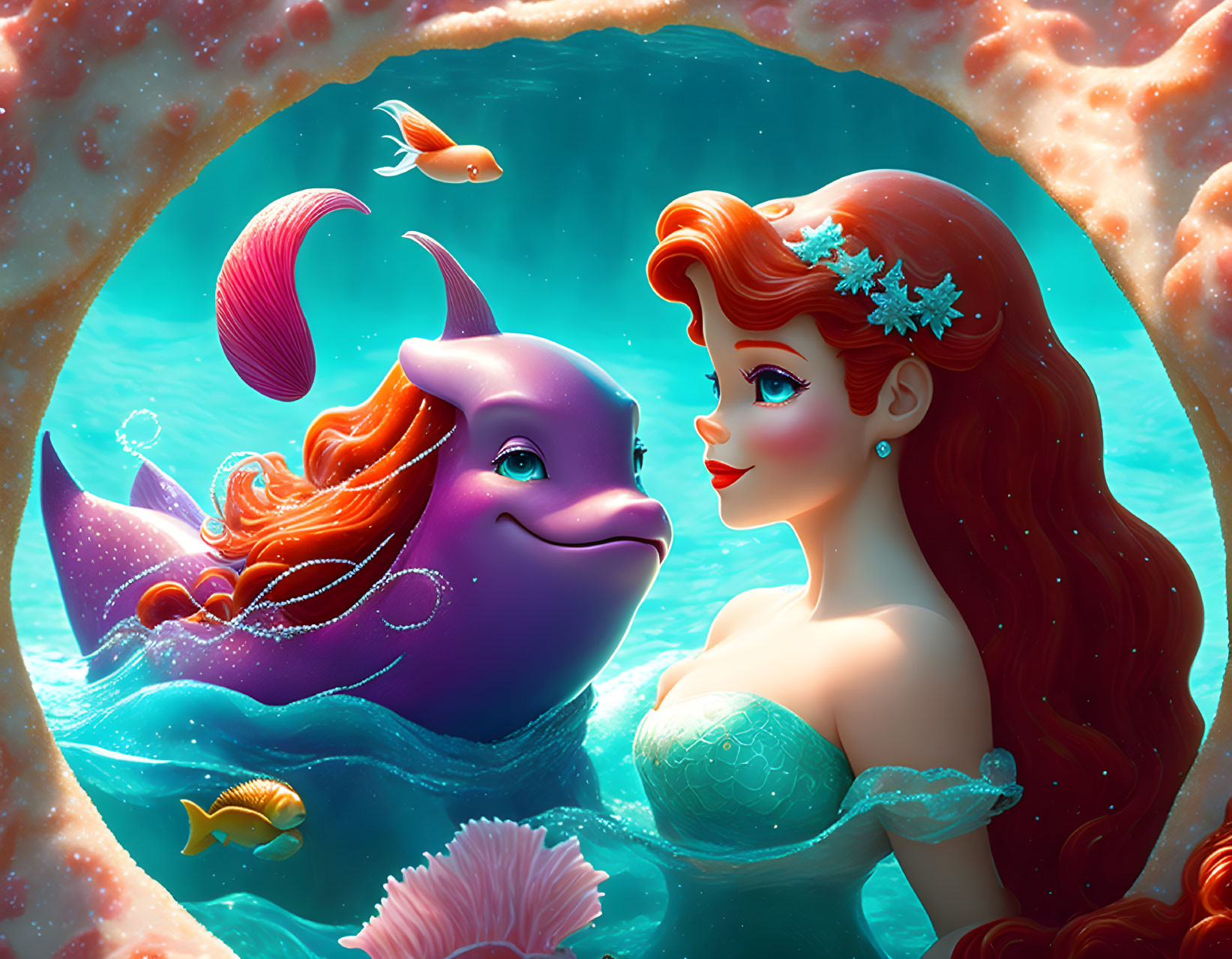 Red-haired animated mermaid with green tail and purple dolphin underwater.