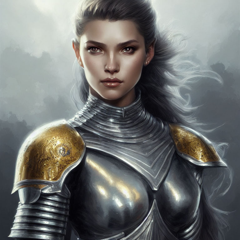 Portrait of Warrior Woman with Silver Hair and Detailed Armor