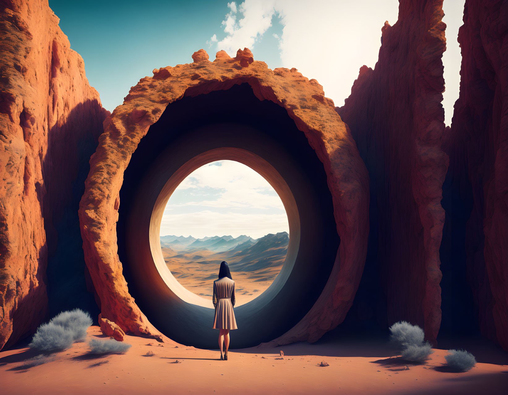 a woman infront of portal to another dimension