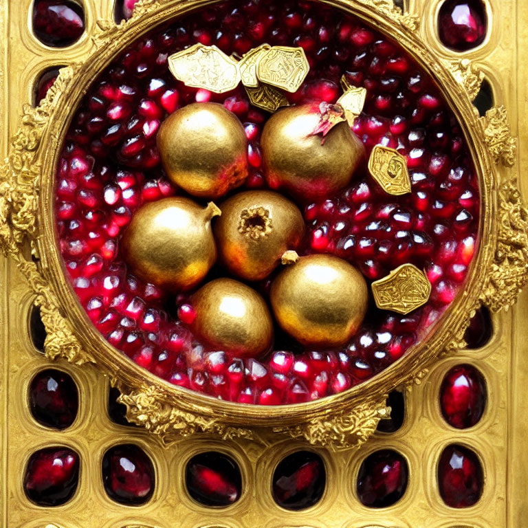 Golden Frame Surrounding Pomegranate Seeds and Gold-Leafed Fruit