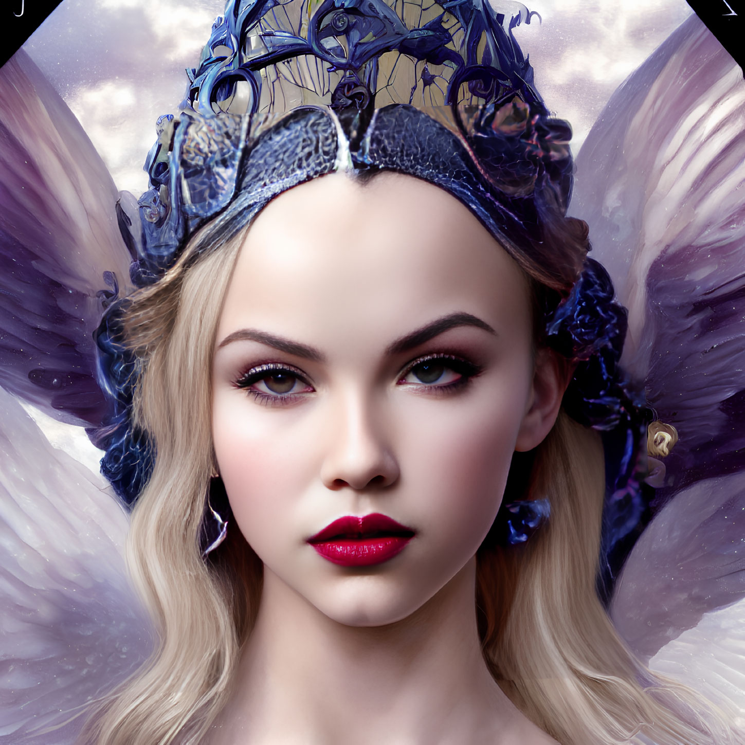 Digital artwork: Woman with butterfly wings, decorative headdress, and fantasy makeup.