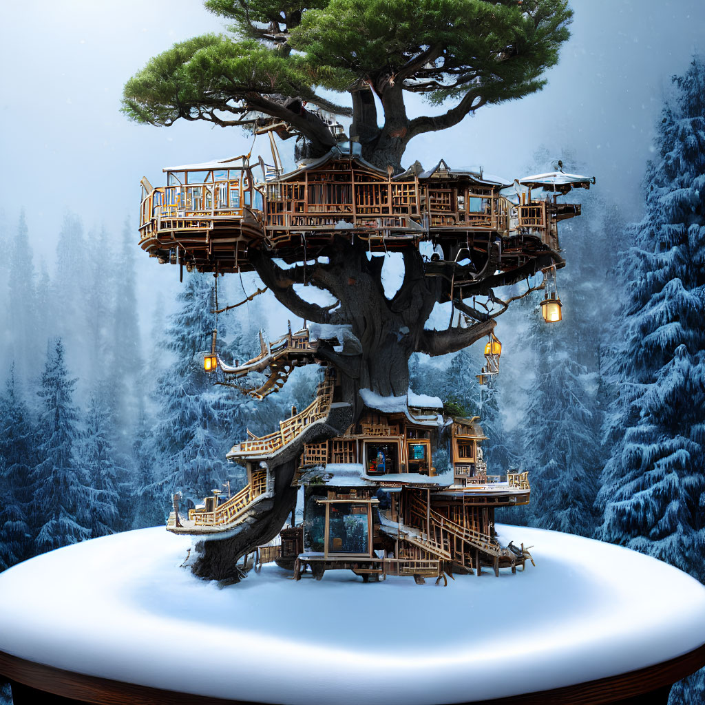 Multi-Level Snow-Covered Treehouse in Winter Forest