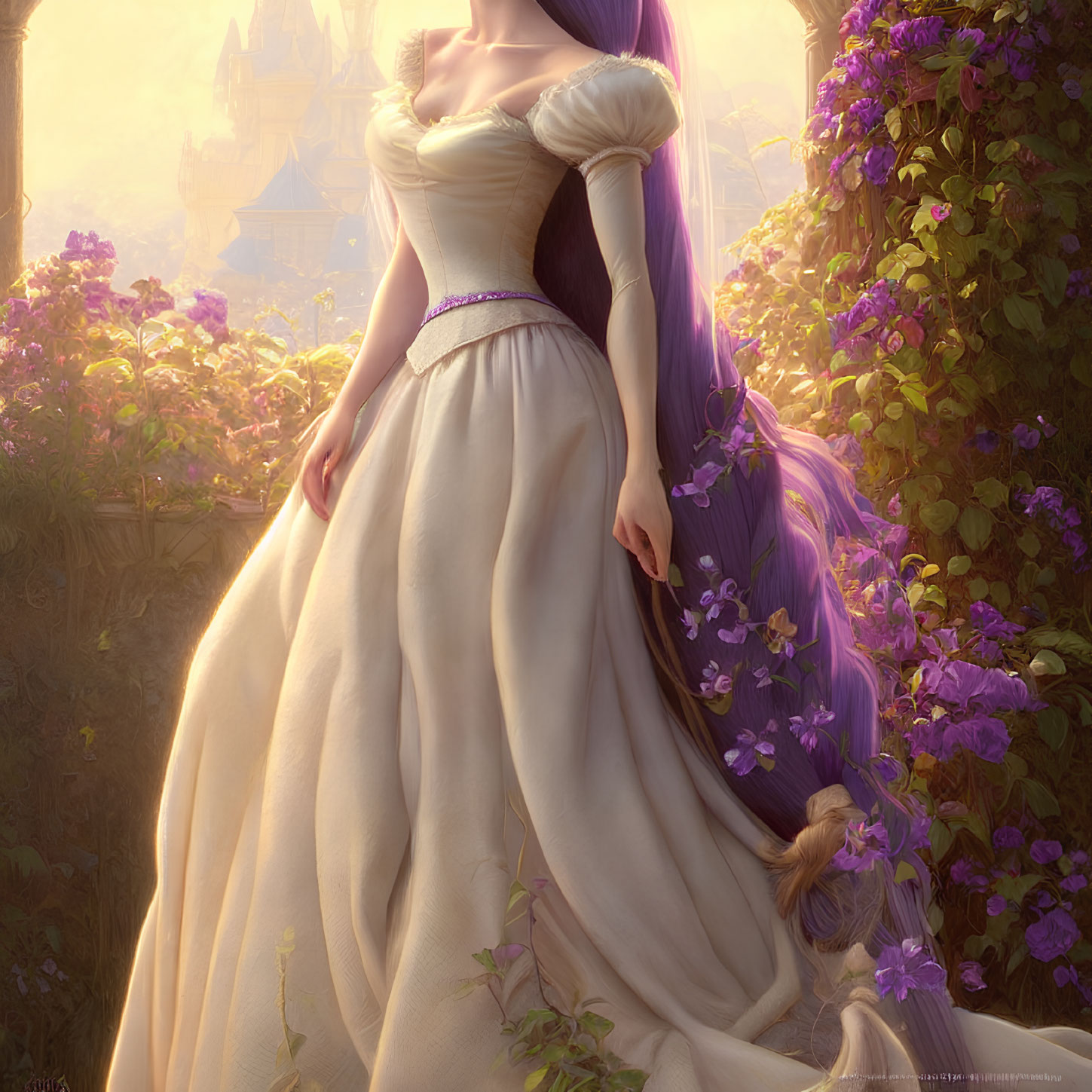Animated lady with purple hair in flower garden with castle scenery