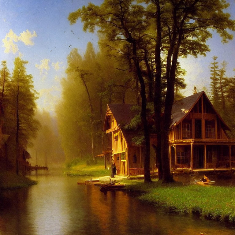 Tranquil River Scene with Wooden Cabin in Sunlight