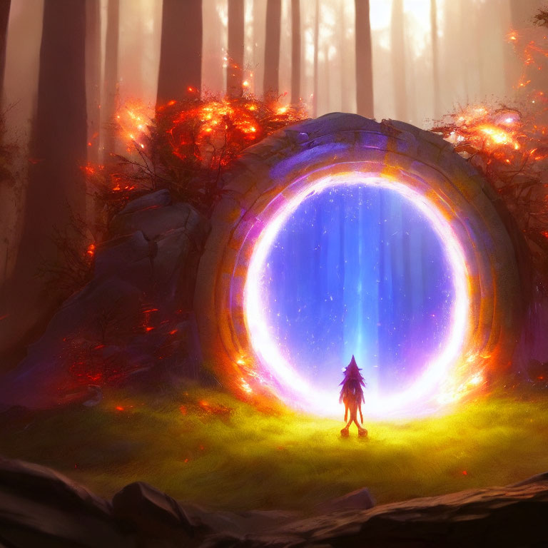 Mystical blue portal in sunlit forest with lone figure and red-leafed trees
