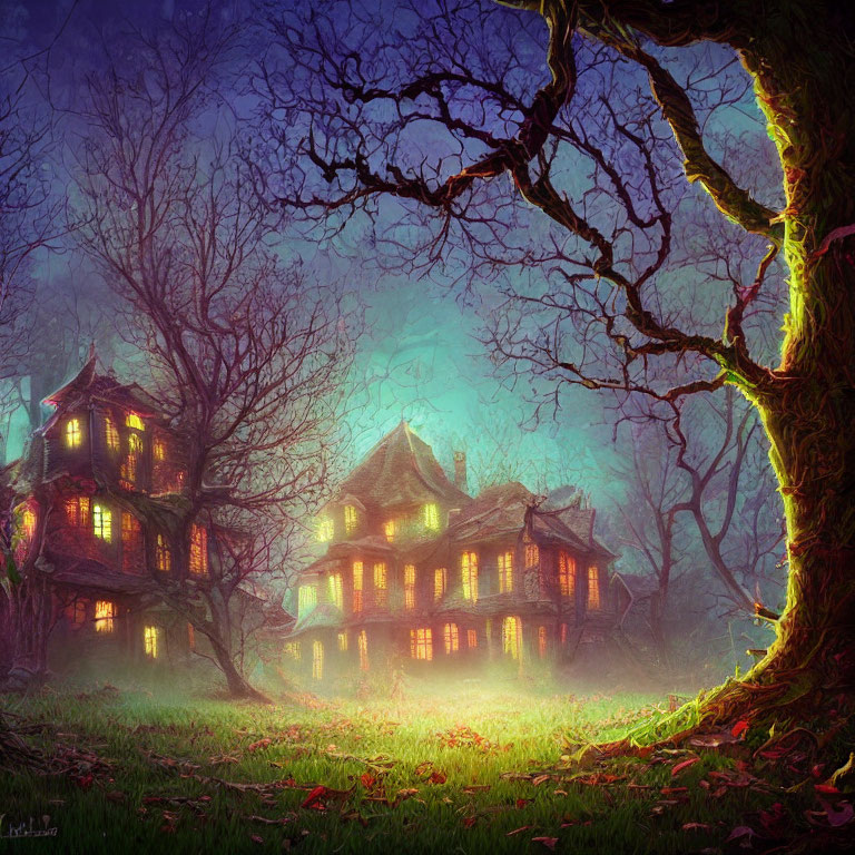 Enchanted twilight forest scene with illuminated house