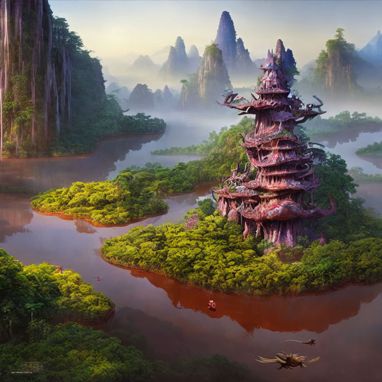 Majestic pagoda in misty mountain landscape with dragons
