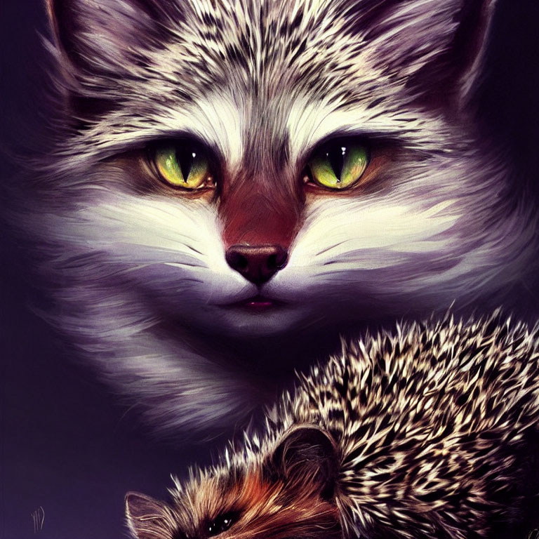 Detailed digital artwork featuring a cat with yellow eyes and a hedgehog in warm tones