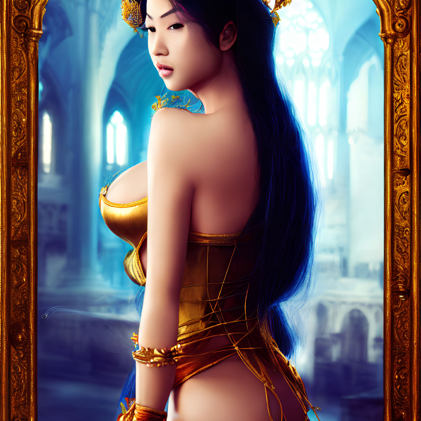 Digital artwork of a woman in ornate gold and blue attire in a fantasy setting