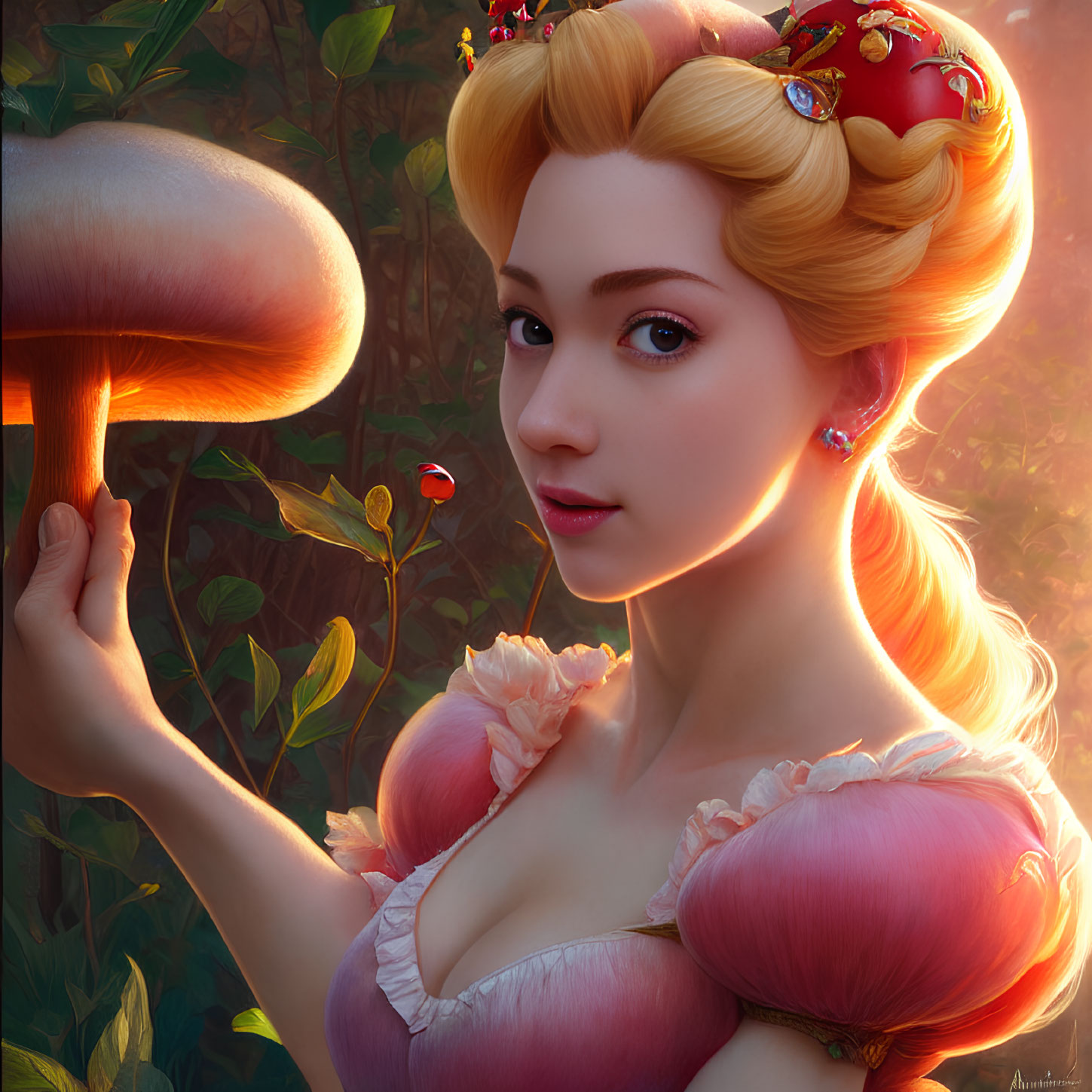 Golden-haired woman with red headband and giant mushroom in lush greenery.