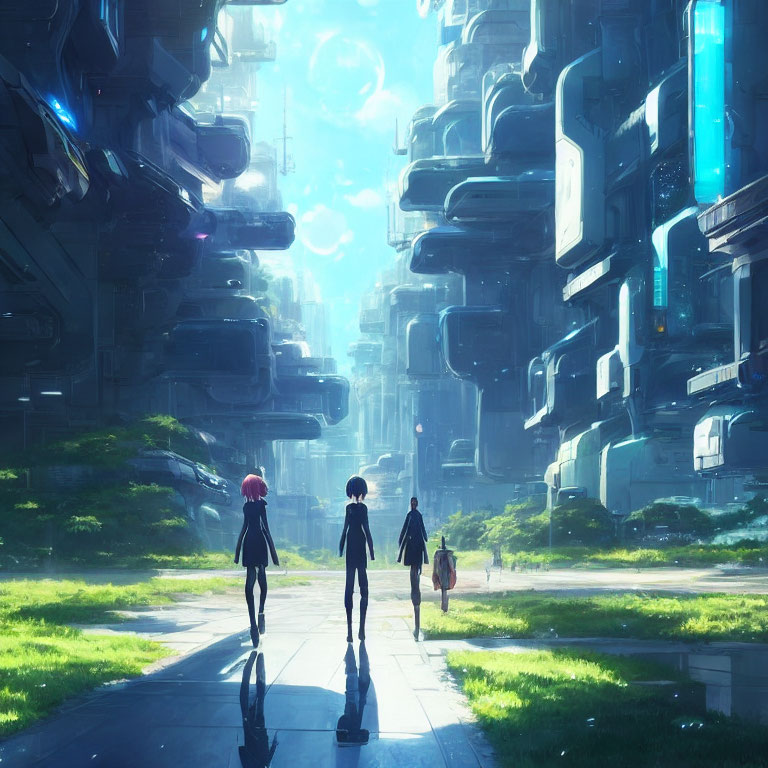 Three individuals strolling amid futuristic cityscape under a hazy blue sky.