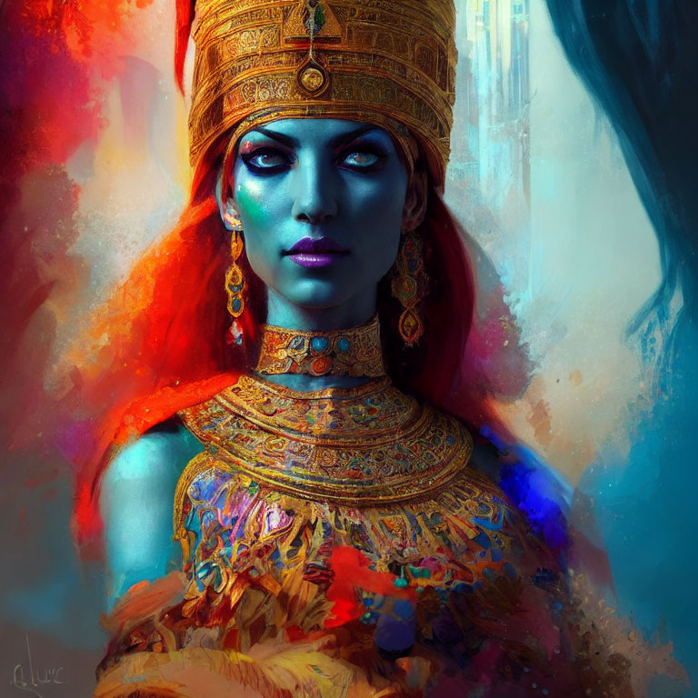 Colorful portrait of person with blue skin in gold headdress on vibrant background