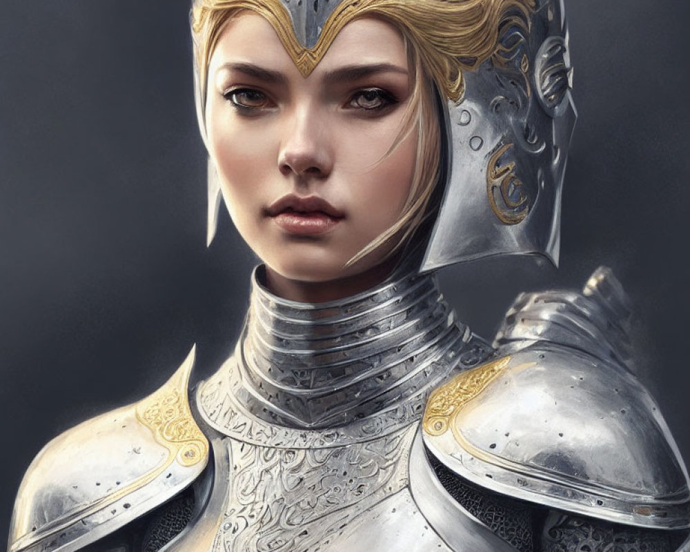 Medieval armor portrait of a young woman with ornate gold-detailed helmet