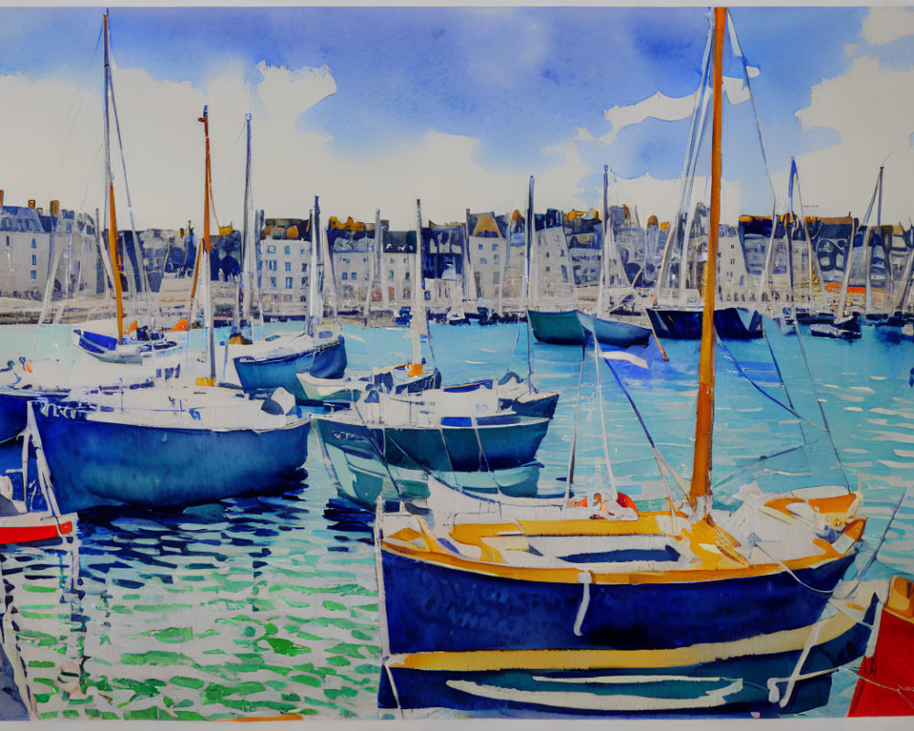 Harbor Watercolor Painting with Sailboats and Buildings