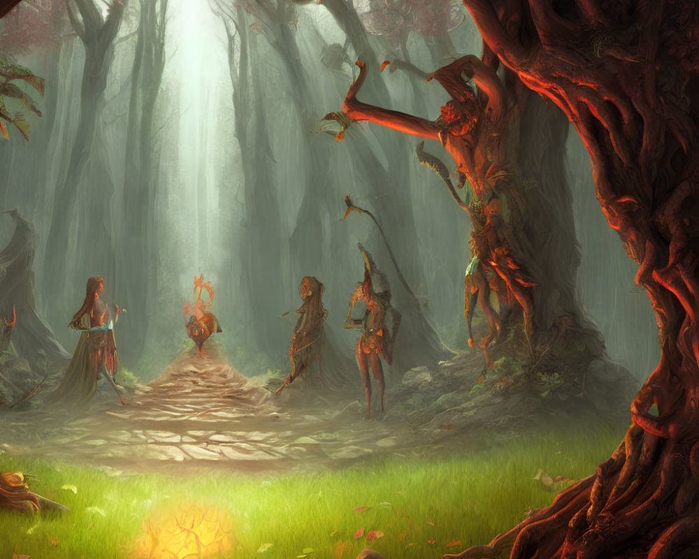 Enchanting forest scene with humanoid tree creatures and small characters in sunlit glade
