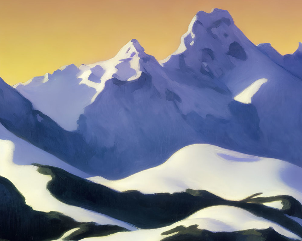 Snow-covered mountain landscape at sunset with golden sky and sharp peaks