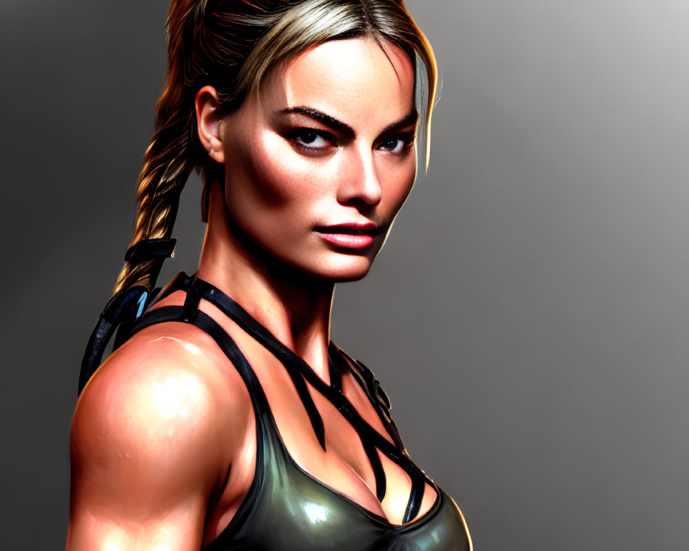 Strong Female Character in Black Tank Top with Braided Ponytail