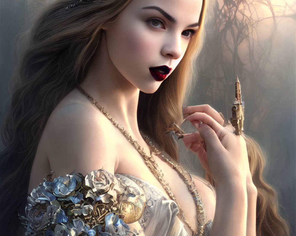 Fantasy digital art: Porcelain-skinned woman with golden hair and crystal flower.