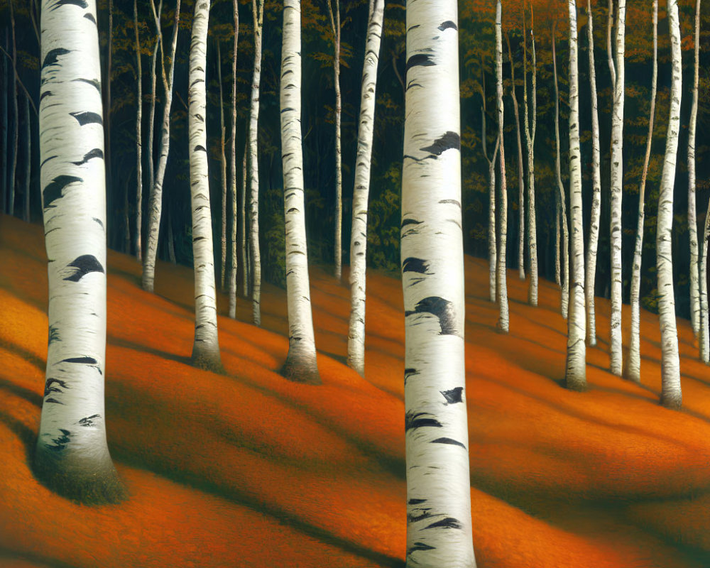 Tranquil White Birch Forest with Orange Fallen Leaves