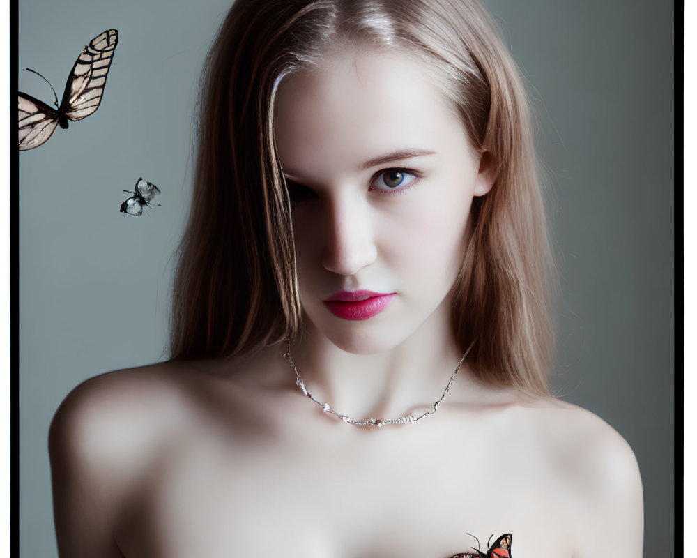 Portrait of a young woman with pink lips and butterflies on gray background