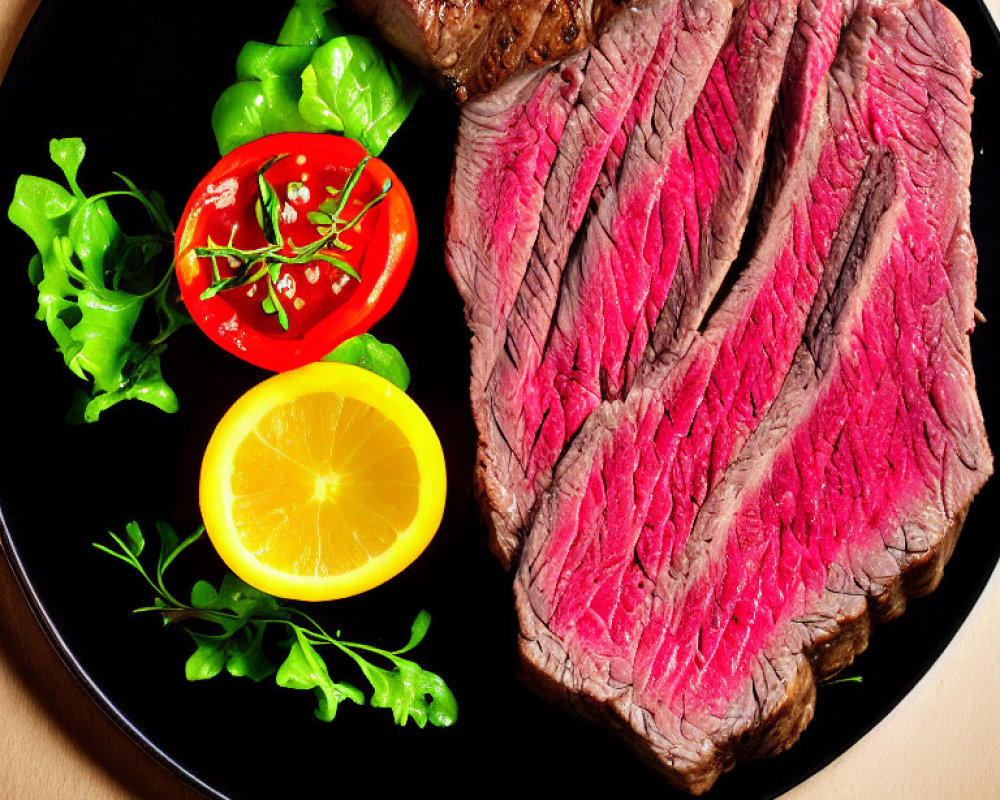 Medium-rare steak with lemon, tomato, and salad on black plate